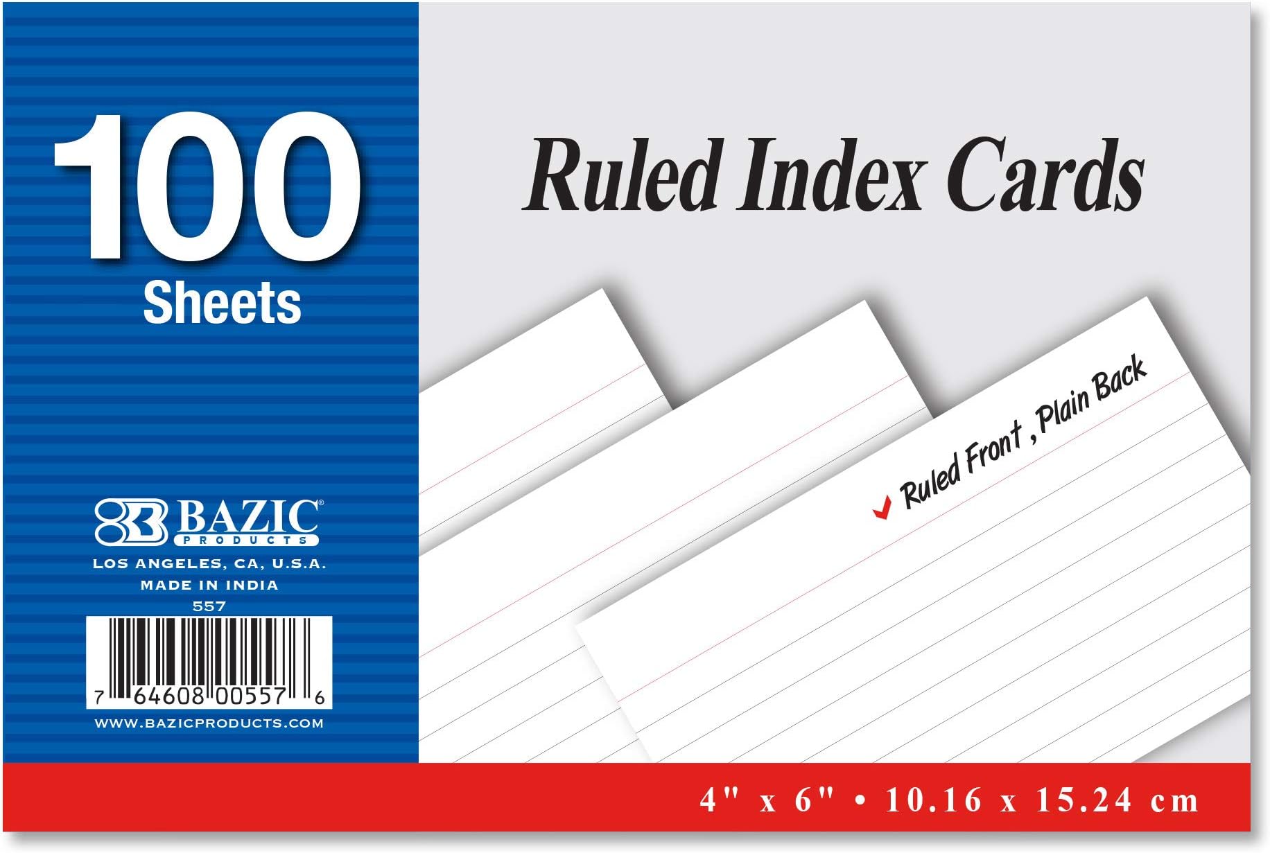 BAZIC 100 Ct. 4" X 6" Ruled White Index Card