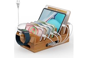 Pezin & Hulin Bamboo Charging Station Holder with 5 port USB Charger, Watch Stand, Wood Dock Stand Organizer for Multiple Dev