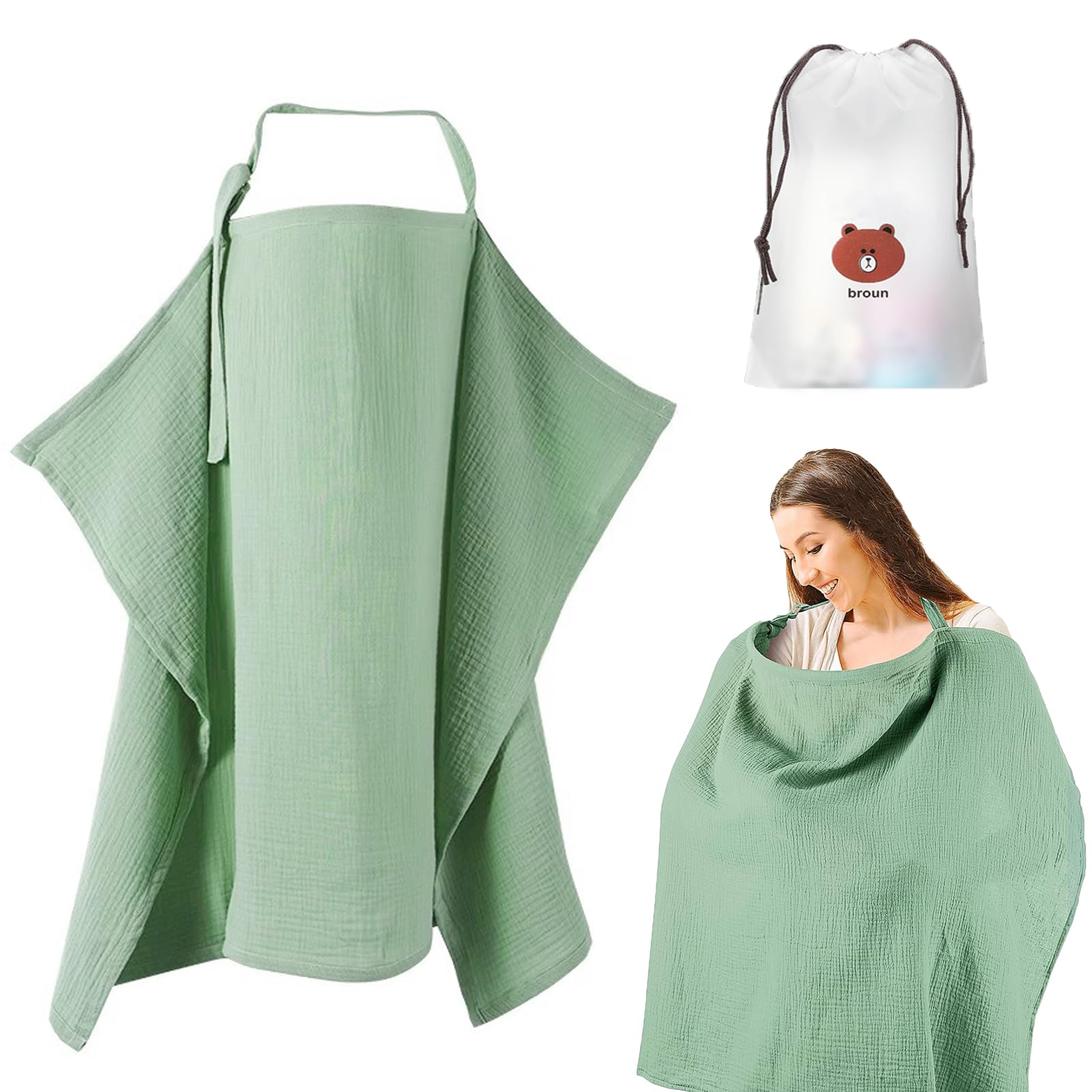 Nursing Cover Muslin Baby Breast Feeding Covers Infant Stroller Cover Soft 360° Coverage Breastfeeding Breathable Lightweight Apron for Privacy Shield - KAMHBE (Green)