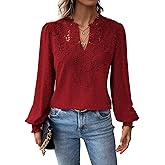Falechay Womens Tops Swiss Dot Boho Long Sleeve Shirts V Neck Casual Chiffon Blouses Flowy Lace Hem Cute Clothing Trendy 2026