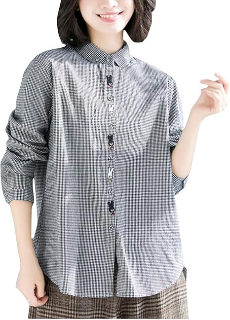 Amazon Beibang バイバン ブラウス レディース 長袖 チェックシャツ 襟付き ゆったり シャツ ギンガムチェック プリント ネルシャツ おしゃれ カジュアル トップス 秋服 シャツ ブラウス 通販