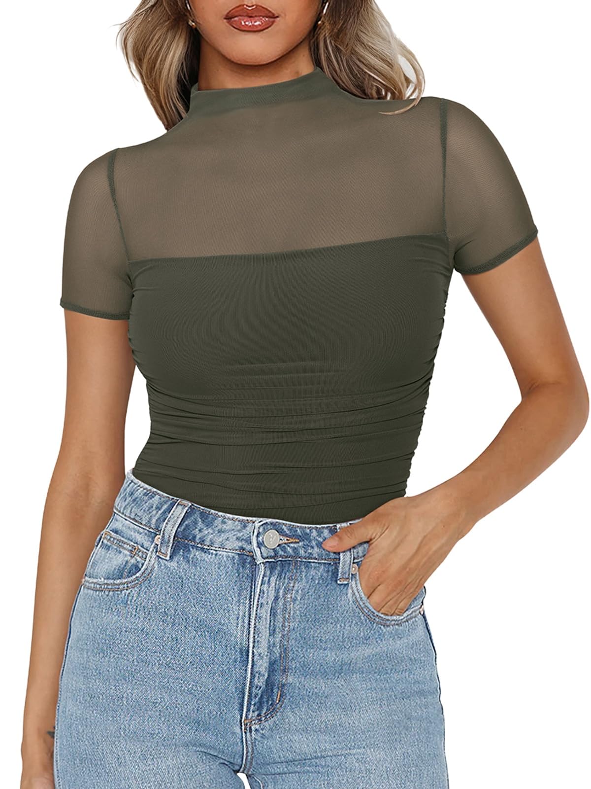 Photo 1 of PINKMSTYLE Mesh Short Sleeve Bodysuit for Women Mock Neck Going Out Tops Date Night Outfit Dark Green Large