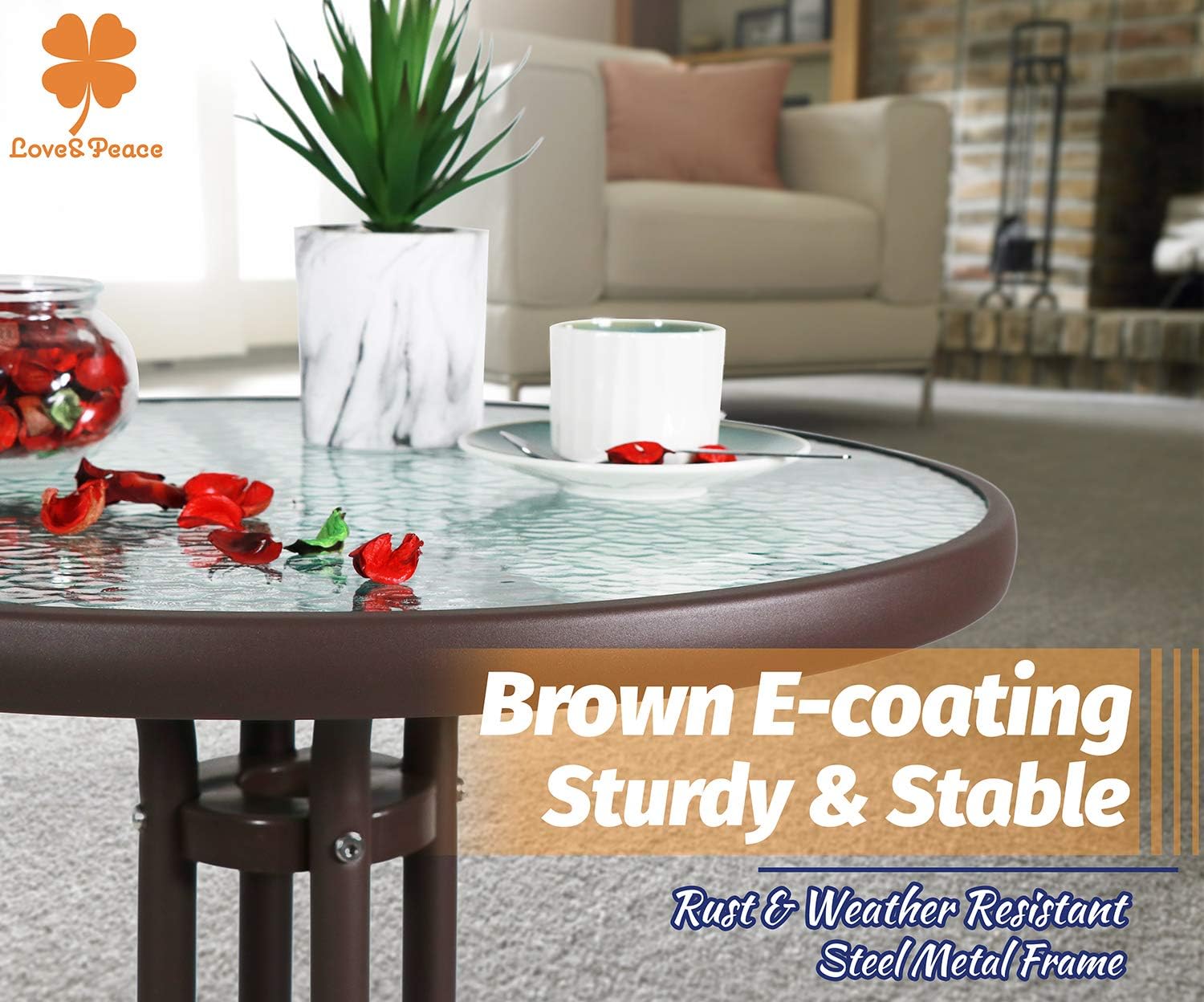 Love & Peace 24" x 24" Outdoor Bistro Table Metal Round Patio Side Table Outdoor Coffee Table Furniture Garden Backyard Dining Table, W/Elegant Water Ripple Glass Table Top, Brown: Kitchen & Dining