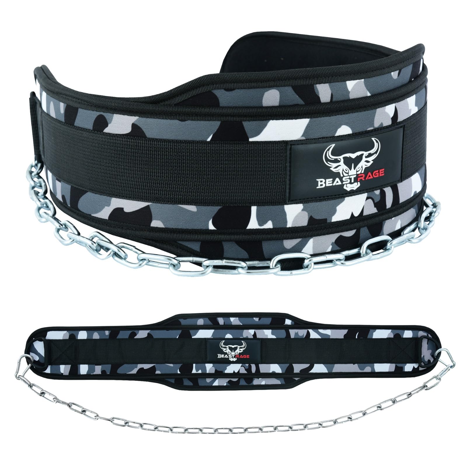 BEAST RAGE Dip Belt Weight lifting belt with Heavy Duty 36 Inch Adjustable Dipping Steel Chain Padded Neoprene Gym belt Back Support Men Women Fitness (Camo)