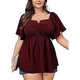 SCOMCHIC Plus Size Peplum Tops for Women Square Neck Blouses Ruffle Short Sleeve Ruched Front Summer Casual Babydoll Top