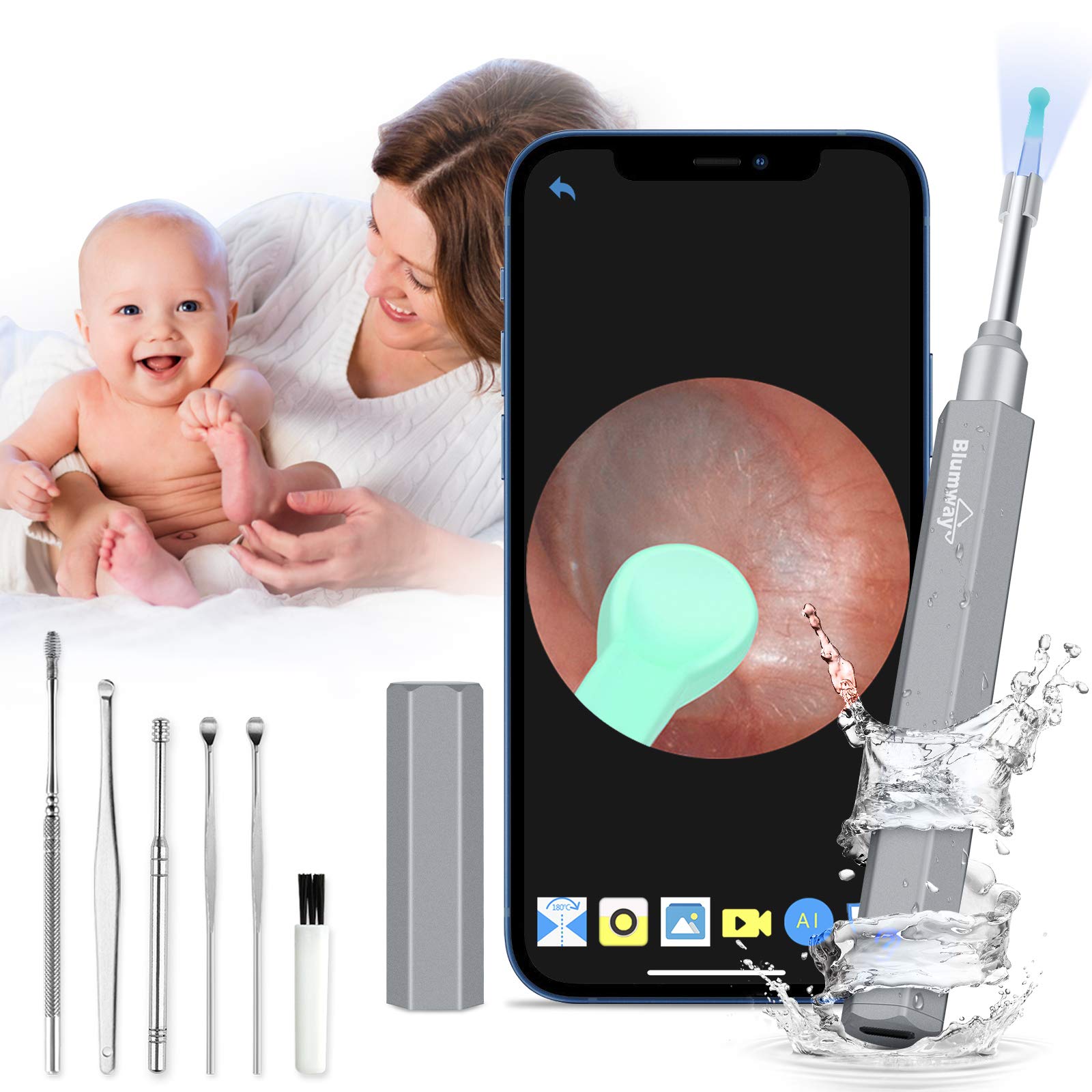 Ear Wax Removal, BlumWay WiFi Otoscope Ear Cleaner with Camera 1080P HD Ear Cleaning Tool 3.5mm Visual Ear Scope Inspection Camera for iPhone and Android Earwax Remover Kit (Grey)
