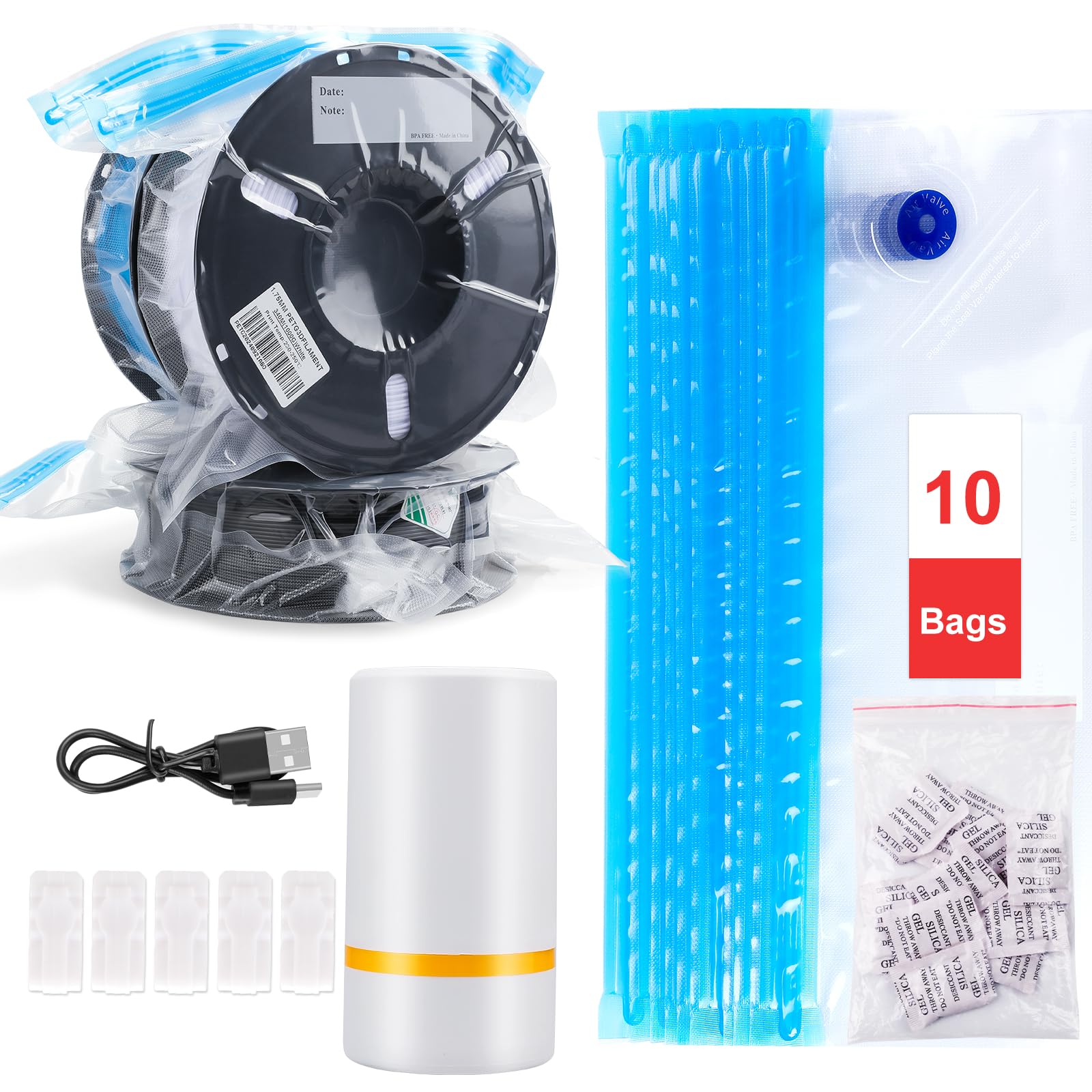 Photo 1 of 10 PCS Filament Storage Bags with Electric Auto Pump Kit-Includes 10 Vacuum Storage Bags, 10 Desiccants, 5 Sealed Clips, Perfect for Keep Filament Dry (13.4x11.8 inch)