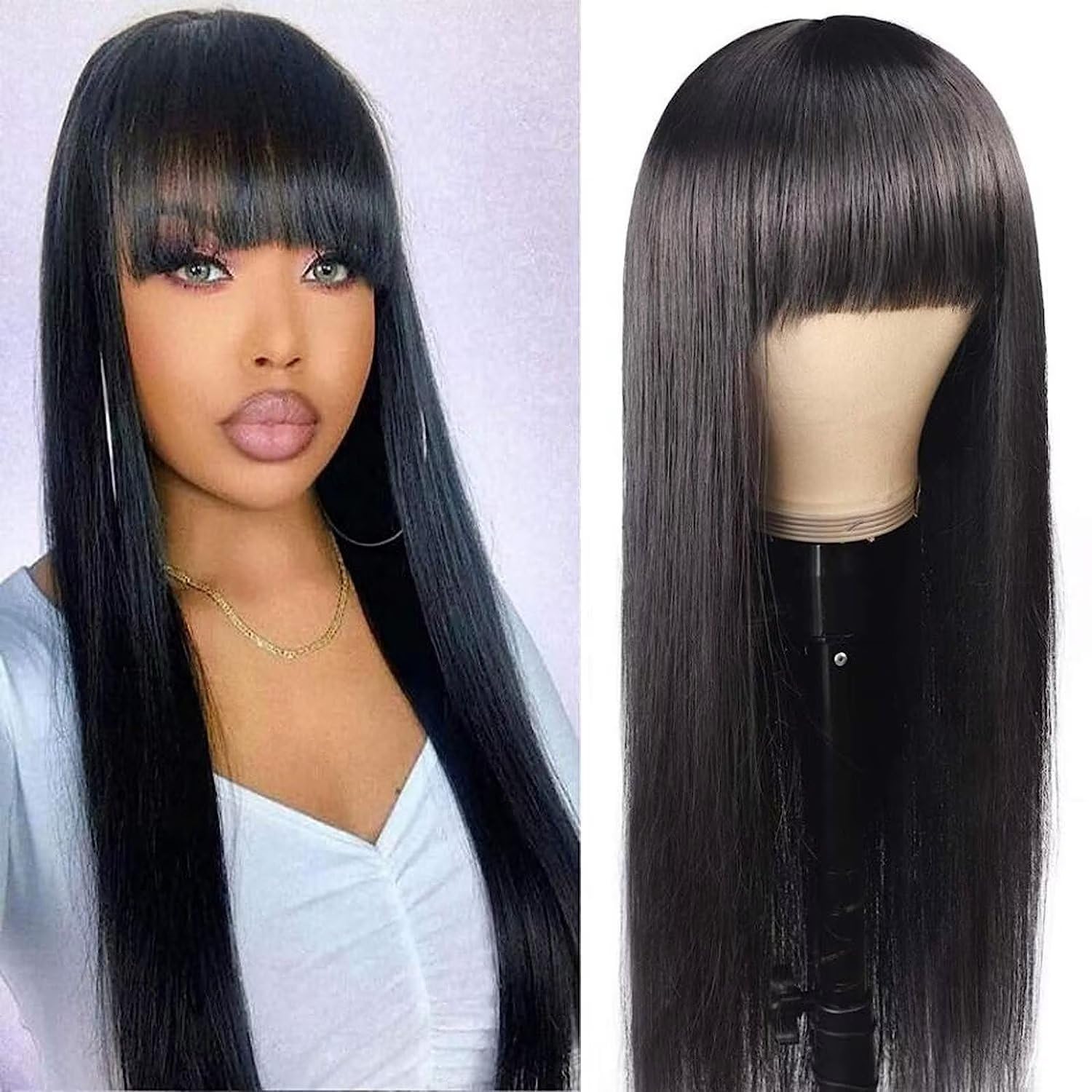 Straight Human Hair Wigs with Bangs None Lace Front Wigs Human Hair Glueless Machine Made Brazilian Virgin Human Hair Wigs for Black Women (26 Inch, Straight)
