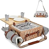 Multifunctional Wicker Picnic Basket Set for 2 with Blanket and Picnic Table, Insulated Picnic Set with Full Tablewares for Camping Outdoor Couples, Stripes