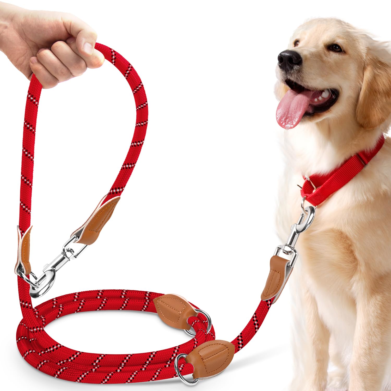 PETCOOZ Training Lead for Dogs, 3M/9.8ft Adjustable Double Ended Dog Lead for Medium Large Dogs, Professional Reflective Stop Pulling Control Leash, Hands Free Dog Leads for Running Walking, Red