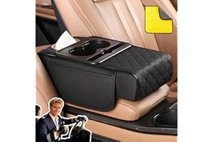2026 New Multifunctional PU Leather Car Armrest Box Mat, Universal Car Armrest Cushion with 2 Storage Bags, 2 Cup Holders, Ti