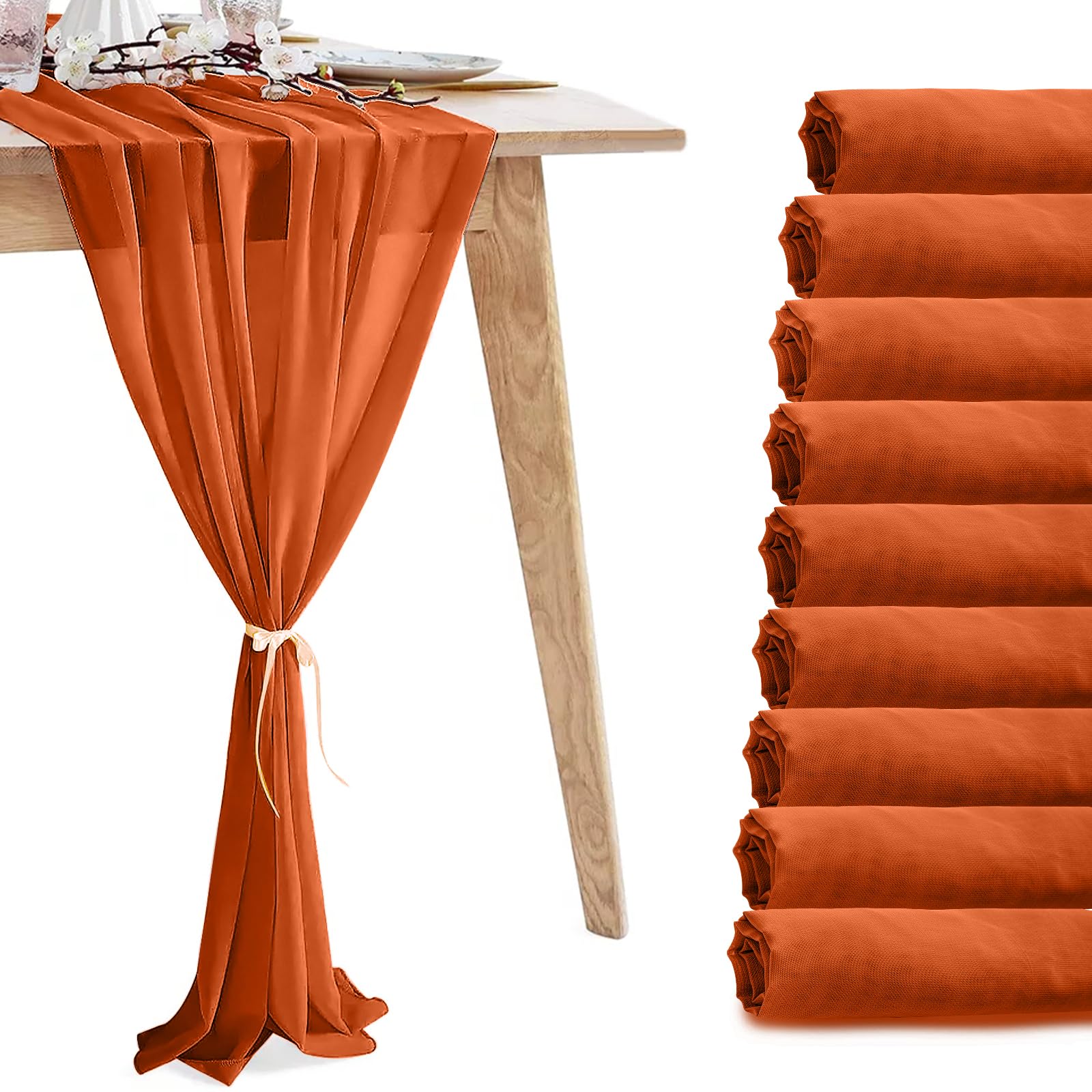Photo 1 of 10 Pack 10ft Terracotta Chiffon Table Runners Wedding Table Runner Sheer Romantic Tulle Table Runner for Christmas Wedding Bridal Tea Party Baby Shower Birthday Party Table Decorations(120 x 12 in)