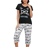 HONG HUI Women's Capri Pajama Sets Plus Size Sleepwear Top with Capri Pants 2 Piece Sleep Set