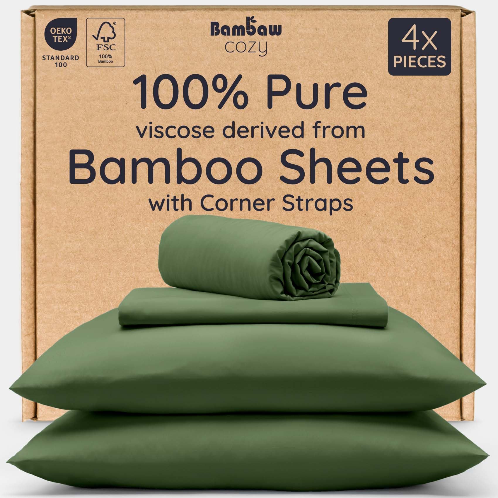 Photo 1 of Bambaw Full Sheet Set 4pcs – 100% Viscose Derived from Bamboo Sheets Full Size Set, Cooling Bed Sheets for Hot Sleepers, with Elastic Corner Straps (Olive)