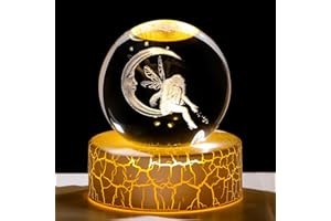 ARIKYRIST 2.36in. Miniatured Fairy with Moon Birthday Christmas for Women Girlfriend, 3D Glass Engraved Cute Fairy K9 Crystal Ball with Light Base for Home Office Decoration