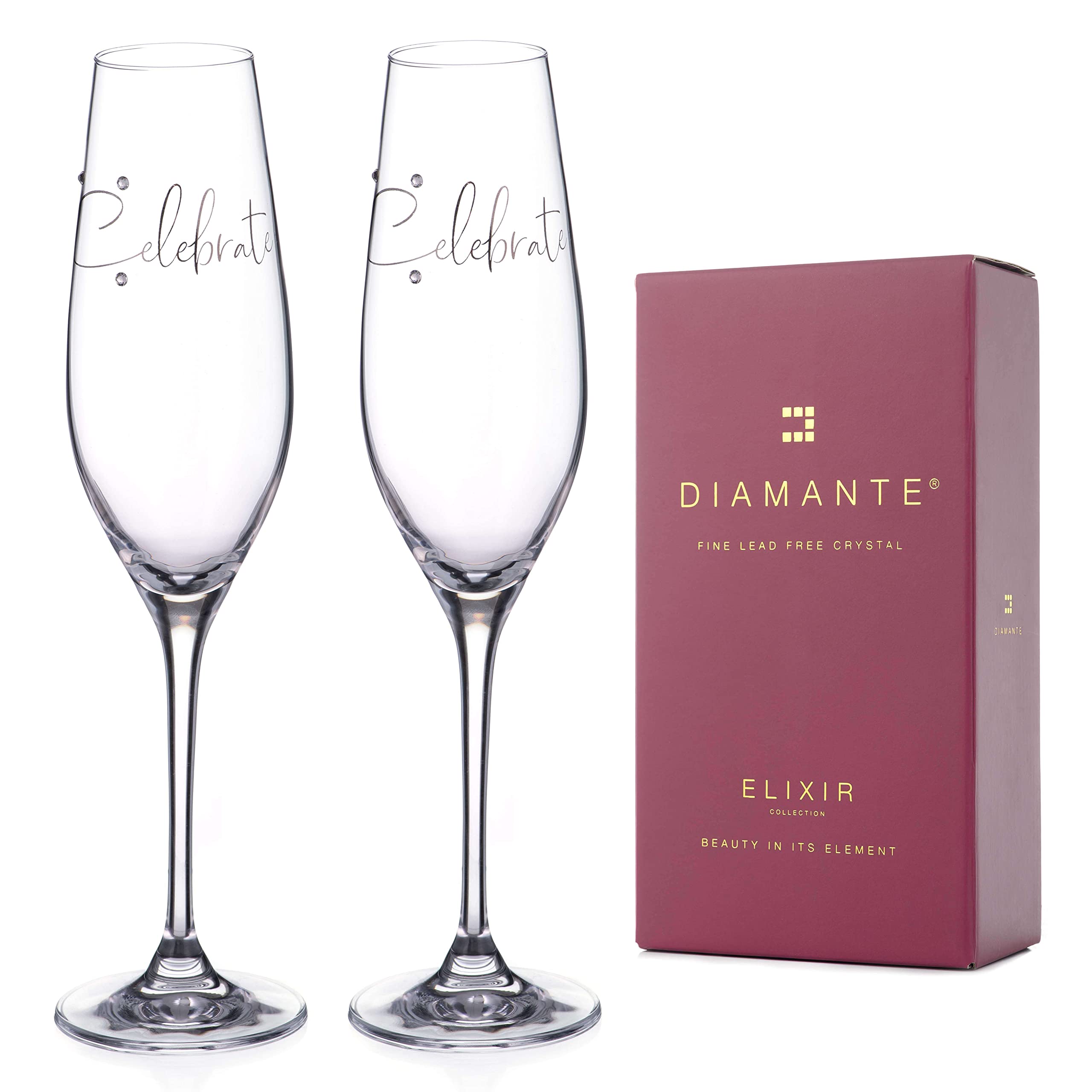 DIAMANTE Champagne Flutes Crystal Prosecco Glasses with “Celebrate” Slogan – Embellished with Crystals – Gift Boxed Pair