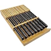 MIAO YUAN Bamboo In-Drawer Knife Block, 17 Slot Large Capacity Knives Organizer, Upper and Lower Kitchen Steak Knife Storage Rack - Holds 8 Short + 9 Long Knives