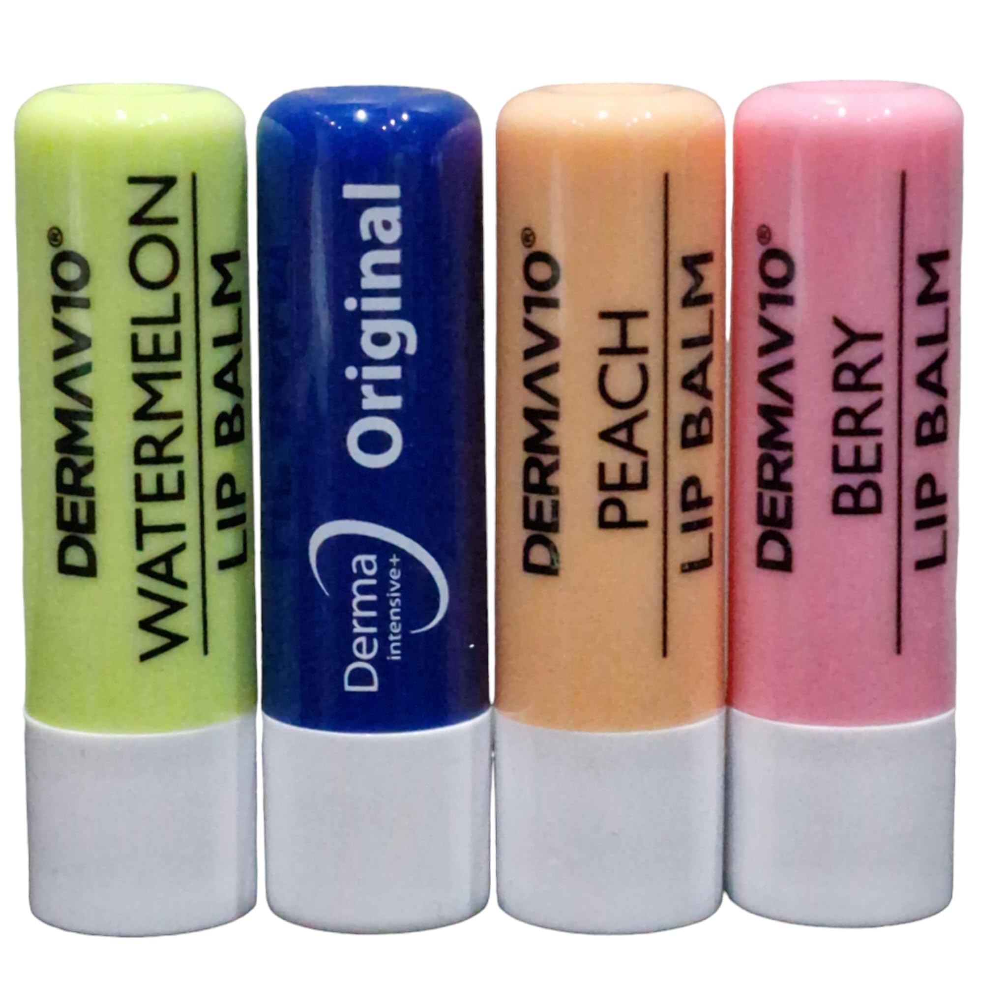 Derma V10 Trio Pack 1 of Each Lip balm Peach Watermelon Berry AND 1 Original Derma intensive with Vitamin E Lip Balm 4.8g