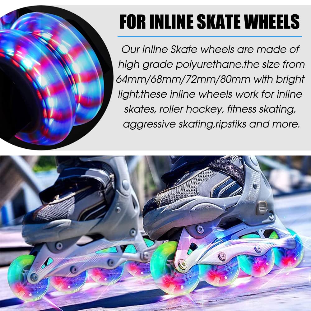 4 Pack Light Up Inline Skate Wheels 64mm 72mm 76mm 80mm Inline Wheels with ABEC-9 Bearing for inline Skate Wheels - Kick Scooter 80mm Rear Wheels Replacement