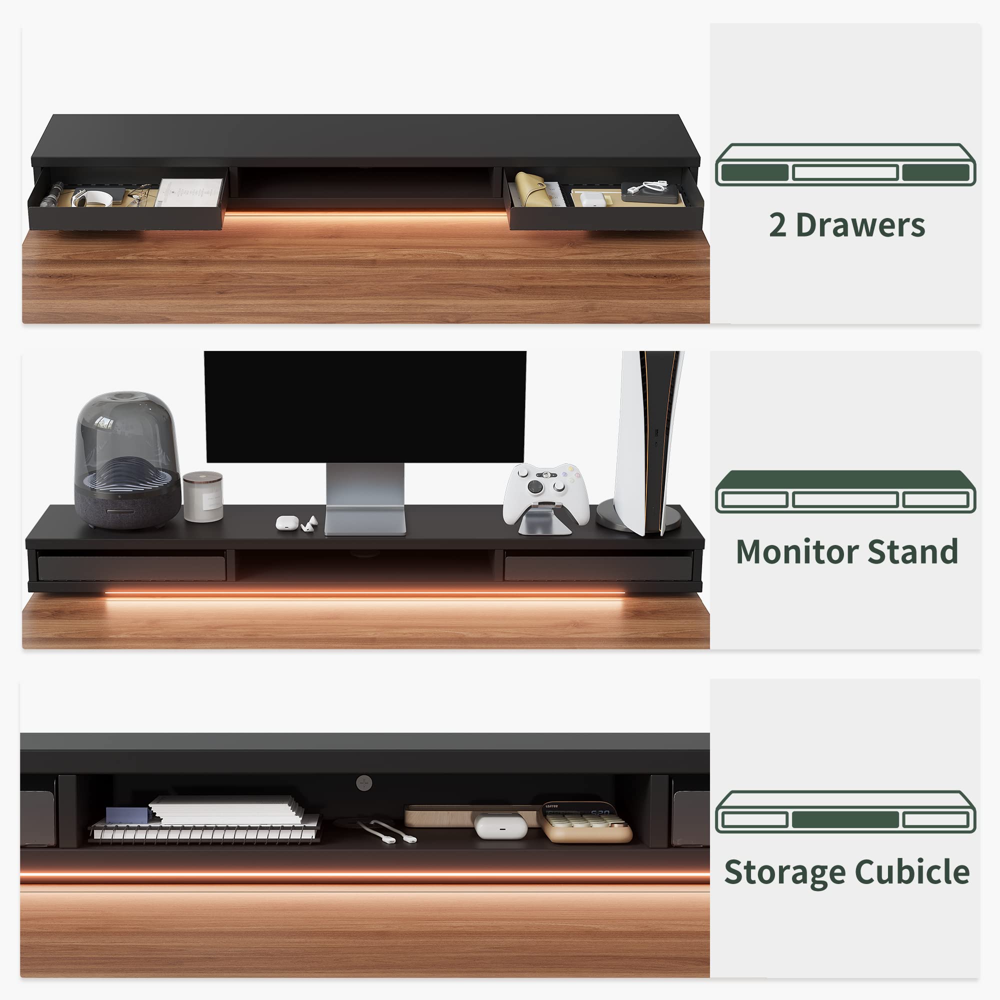 FEZIBO 55 x 24 Inch Height Adjustable Electric Standing Desk with Double Drawers, Stand Up Desk with LED Strips and Monitor Stand, Black Walnut