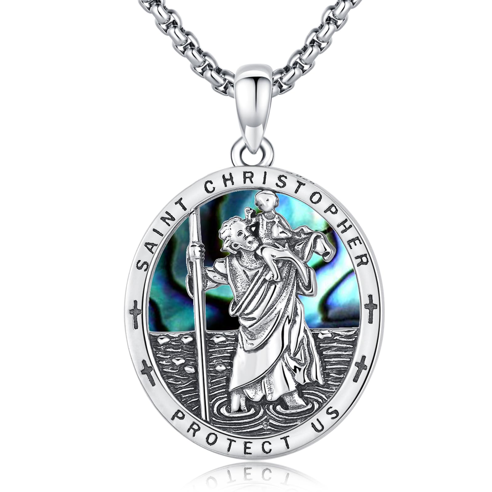 SOESON St Christopher Necklace for Men, St Christopher/Jesus Necklace 925 Sterling Silver Antiqued Religious Pendant Men Necklaces Talisman Jewellery Gift (Abalone)