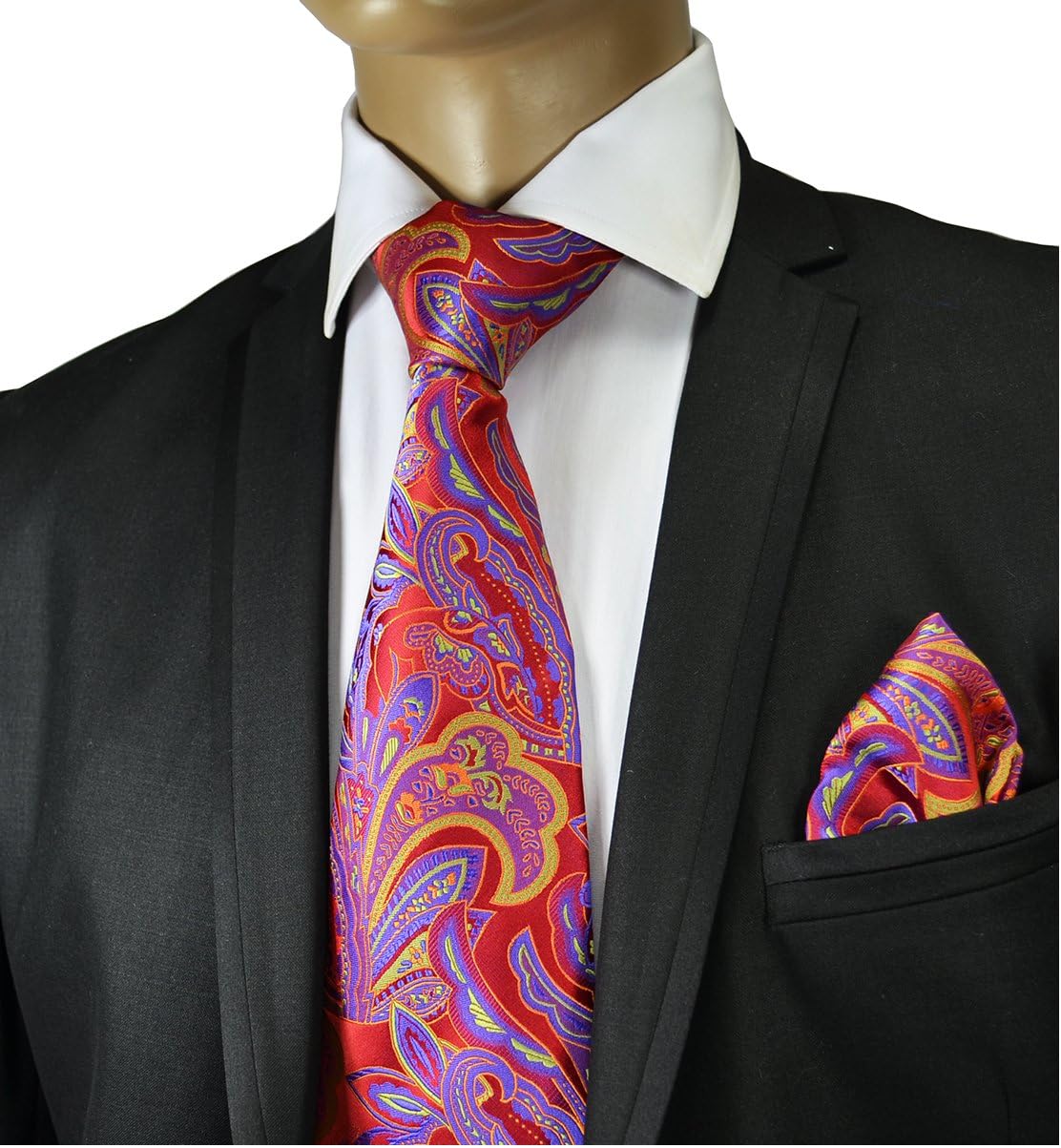Necktie and Pocket Square . 100% Silk . Red Paisley