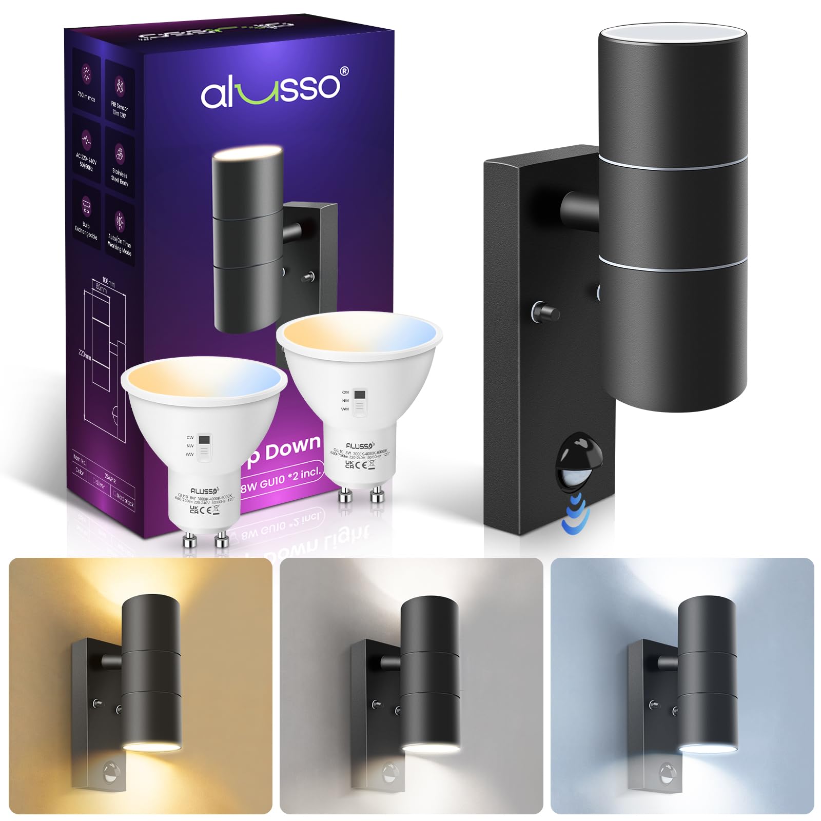 ALUSSO Motion Sensor Outdoor Wall Lights IP65, Stainless Steel Up Down Lights 3000K/4000K/6000K Selectable, 2x 8W GU10 Bulb Included,Outside Security Lights Mains Powered Sconce Wall Mounted for Porch