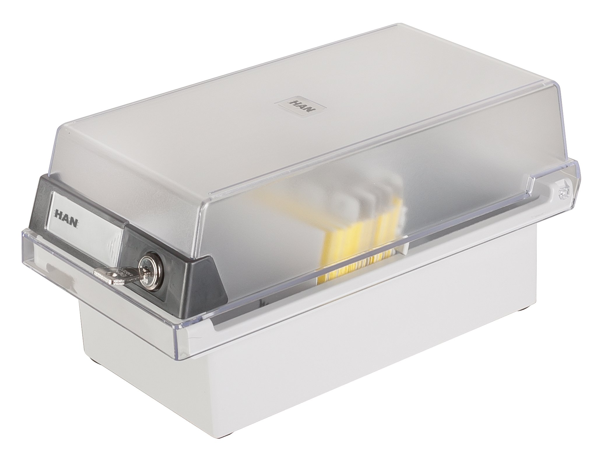 HAN 967-S-631, Card filing box Special Edition A7 landscape. Innovative, attractive design holds 800 cards with lock, readjustable lid supplied with large inscription label, light-grey-translucent