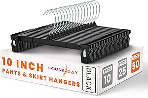 HOUSE DAY Black Pants Hangers 50 Pack, Skirt Hangers with Non-Slip Big Clips and 360° Swivel Hook, Heavy Duty Slim Plastic Pants Hanger, Space Saving Clip Hanger for Pants, Skirts, Shorts - 10 Inch