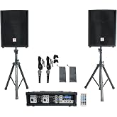 Rockville RPG2X10 V2 10 in Package PA System 200W RMS / 800W Peak, 4-Channel Powered Mixer with Bluetooth, 2 Speakers, 2 Stands, 2 RMM-XLR Mics, USB SD MP3, for DJ Karaoke Events