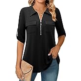 Bulotus Women's 3/4 Sleeve Collared Blouses Business Casual Tops Zip Front V Neck Work Shirts Loose Fit Tunic Tops