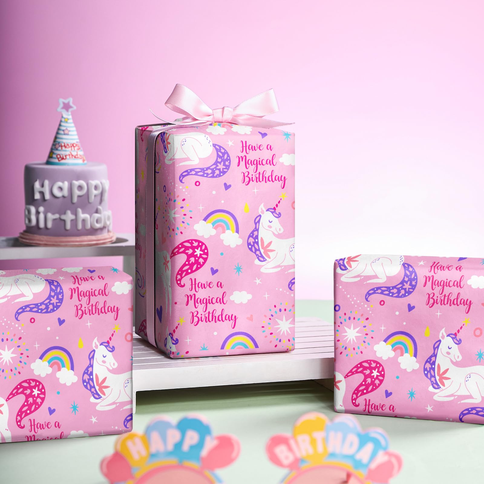 WRAPAHOLIC Pink Unicorn Birthday Wrapping Paper Roll - Mini Roll - 17 Inch x 9.8 Feet - Have a Magical Birthday Perfect for Girls, Baby Shower, Party, Holiday