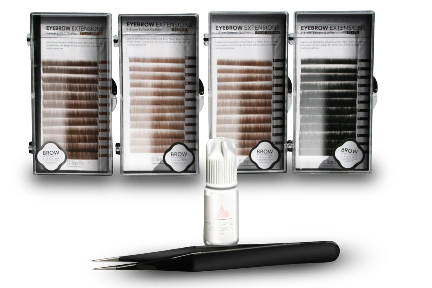Eyebrow Extension Kit with Eyebrow Extension Glue Clear with Mink Eyebrows In Light Brown, Brown, Dark Brown, Black, Comes on Mixed Length Trays 5-8 mm mix & Extension Tweezers by KC Republic