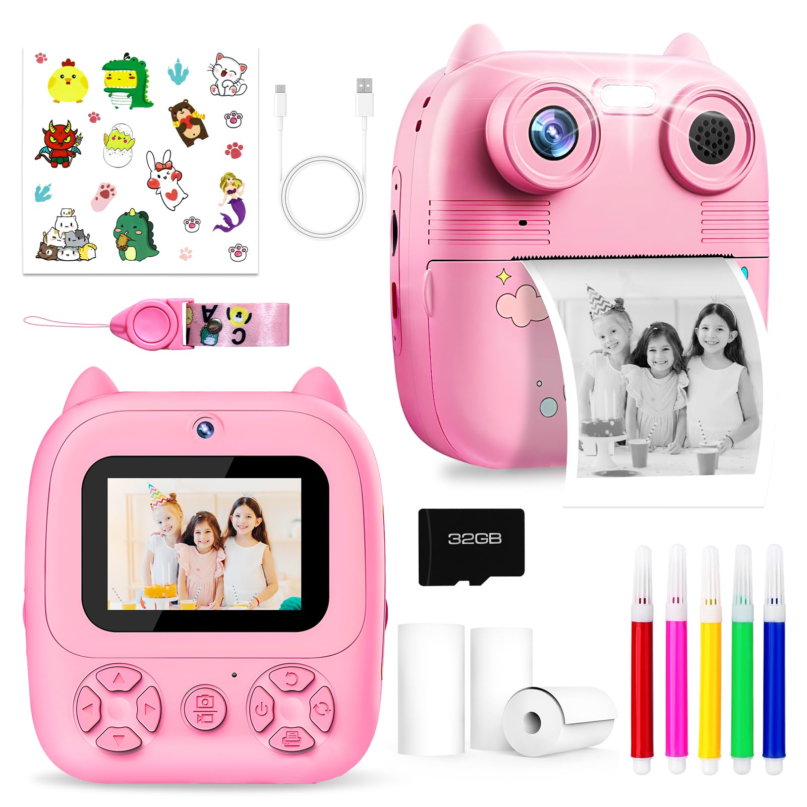 Terawetre Kids Camera Instant Print, Kids Camera for Girls Boys, 1080P HD Kids Digital Camera with 32GB SD Card for 3 4 5 6 7 8 9 Year Old Girl