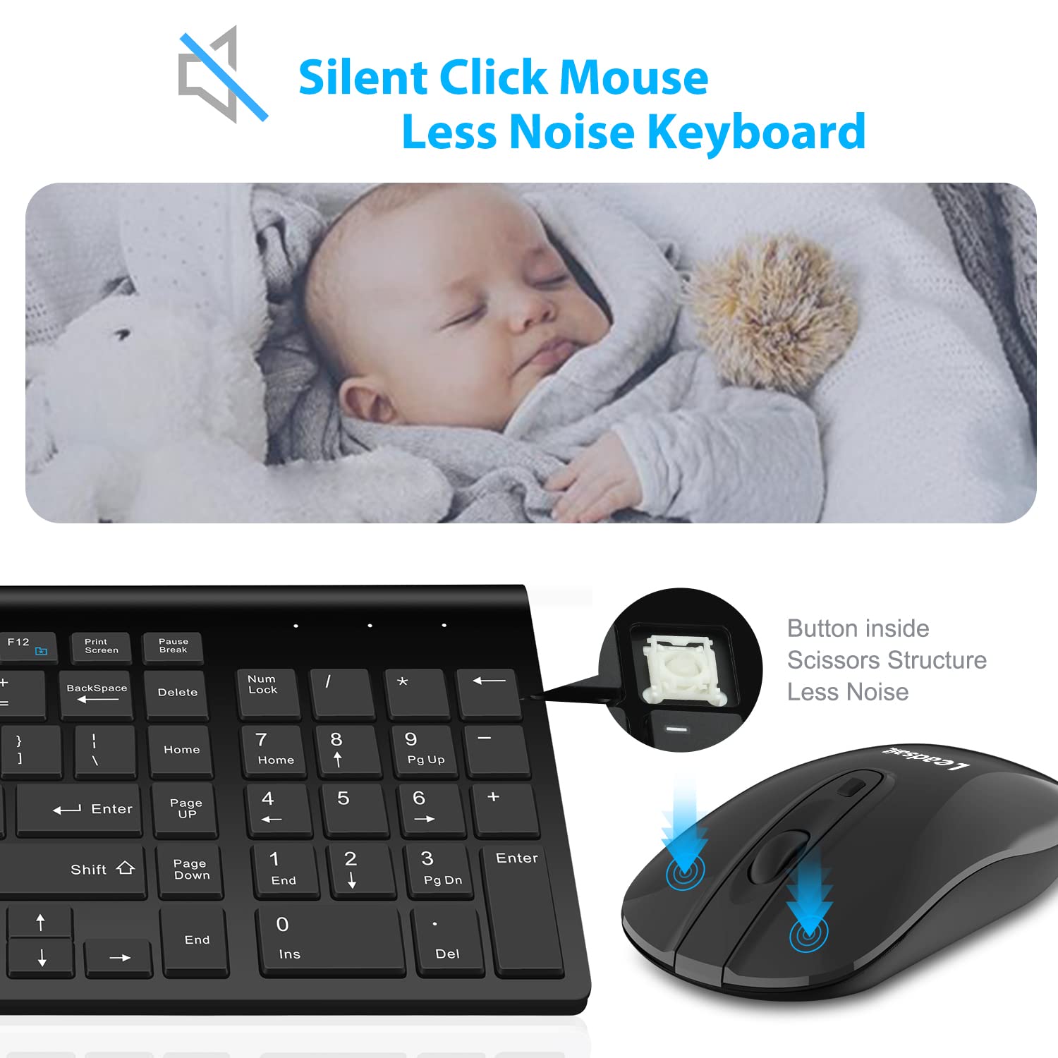 LeadsaiL Wireless Keyboard and Mouse Combo, Wireless USB Mouse and Computer Keyboard Set, Compact and Silent for Windows Laptop, Desktop, PC