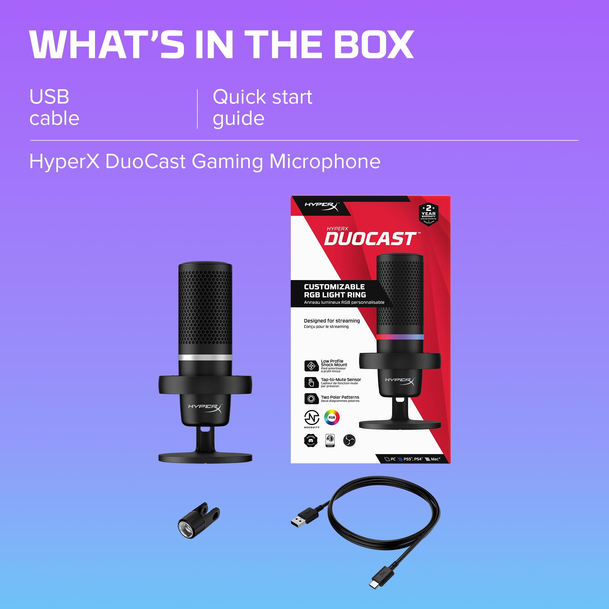 HyperX DuoCast – RGB USB Condenser Microphone for PC, PS5, PS4, Mac, Low-profile Shock Mount, Cardioid, Omnidirectional, Pop Filter, Gain Control, Gaming, Streaming, Podcasts, Twitch, YouTube, Discord