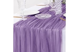 DeZerlor Grape Purple Cheesecloth Table Runner Boho Gauze Table Runner Rustic Sheer 120 inches Long for Wedding Bridal Baby Shower Easter Table Decor