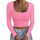 Ekouaer Womens Long Sleeve Square Neck Crop Top Ribbed Slim Fitted Going Out Y2K Tops Casual Basic Shirts Tee