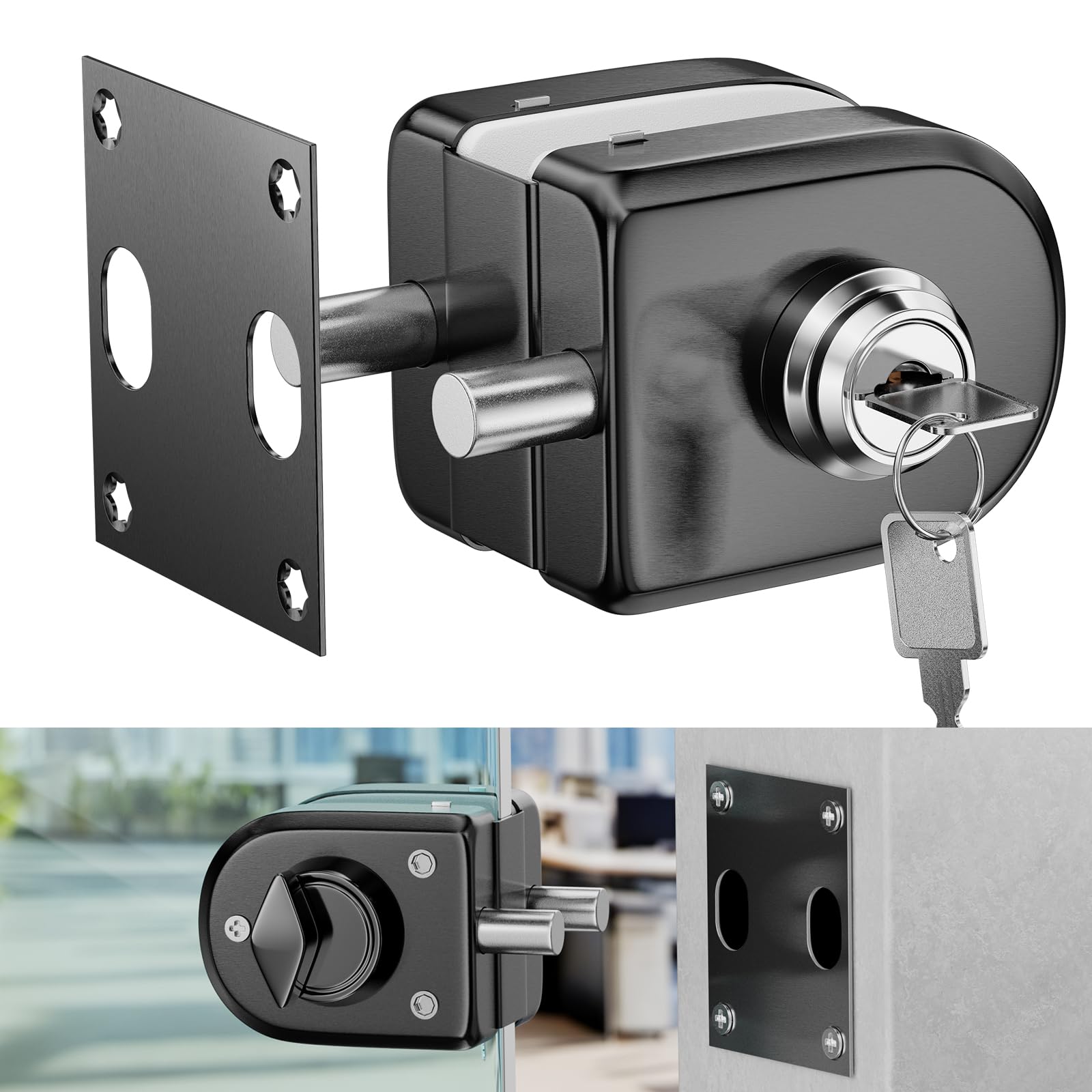Ranbo Frameless Glass Swing Door Lock, Floor Bolt, No-Drill, 304 Stainless Steel, Suitable for 3/8''-1/2'' (10mm-12mm) Thick Sliding Glass Doors, Office,Commercial Doors, 2 Keys, Brushed Black.