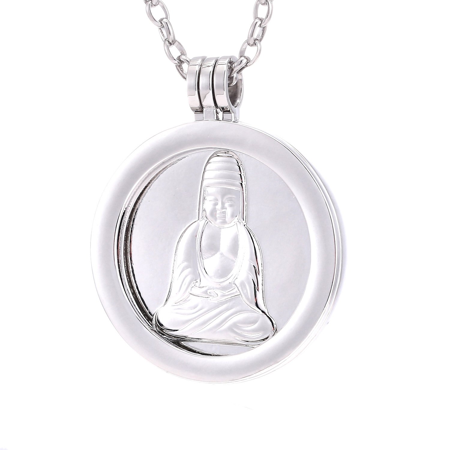 Morella Women Necklace 70 cm 27.5" Stainless Steel with Buddha Coin 33 mm 1,3" Silver in a Velvet Jewelry Bag