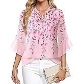 Lotusmile Women's Dressy Casual or Work Business Blouses Trendy Ruffle Neck Shirts 3/4 Sleeve Chiffon Tops