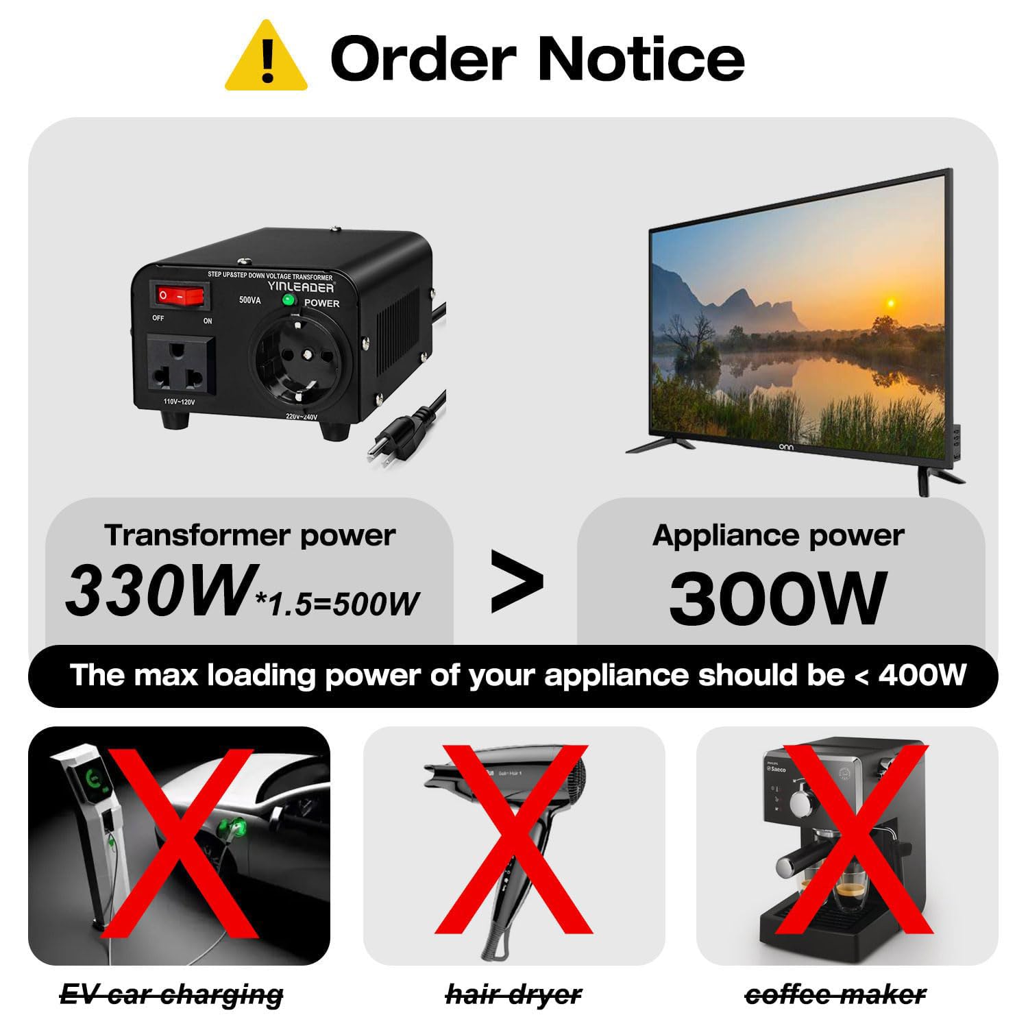 Yinleader 110v to 220v European Voltage Converter Transformer 500W Step Up Converter 110/120 Volt to 220/230/240 Volt or Step Down 220 to 110 w/US Power Cord,Circuit Breaker Protection