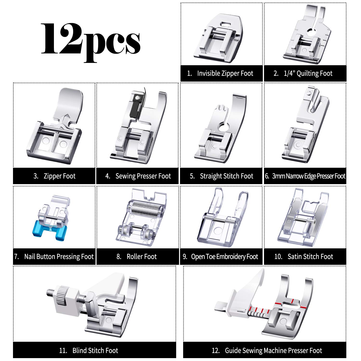 Mudder 12 Pcs Sewing Machine Presser Foot Set Multifunctional Sewing Foot Presser for Gathering Zipper Insertion Joining Embroidery Stitching