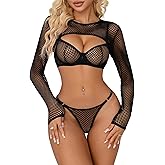 Lilosy Sexy Fishnet Sheer Underwire Rave Outfits Top Bra Panty 3 Piece Lingerie Set