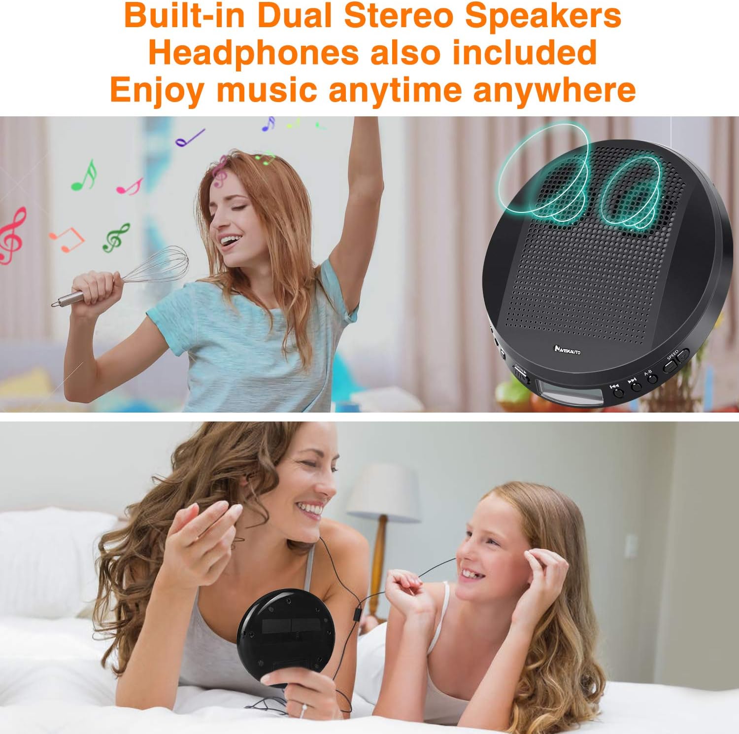 NAVISKAUTO Portable CD Player with Dual Stereo Speakers and Headphones