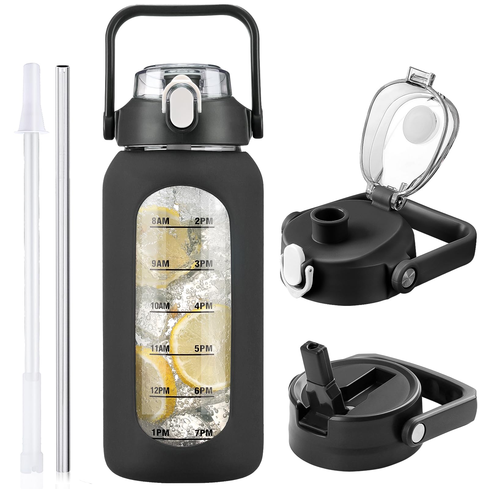 HYDRAGLAZIC 2L Glass Water Bottle with 2 Lids Flip and Chug Lids 2 Liter Large Water Jug with Time Marker and Silicone Sleeve BPA Free Leak-proof for Sports Gym, Black