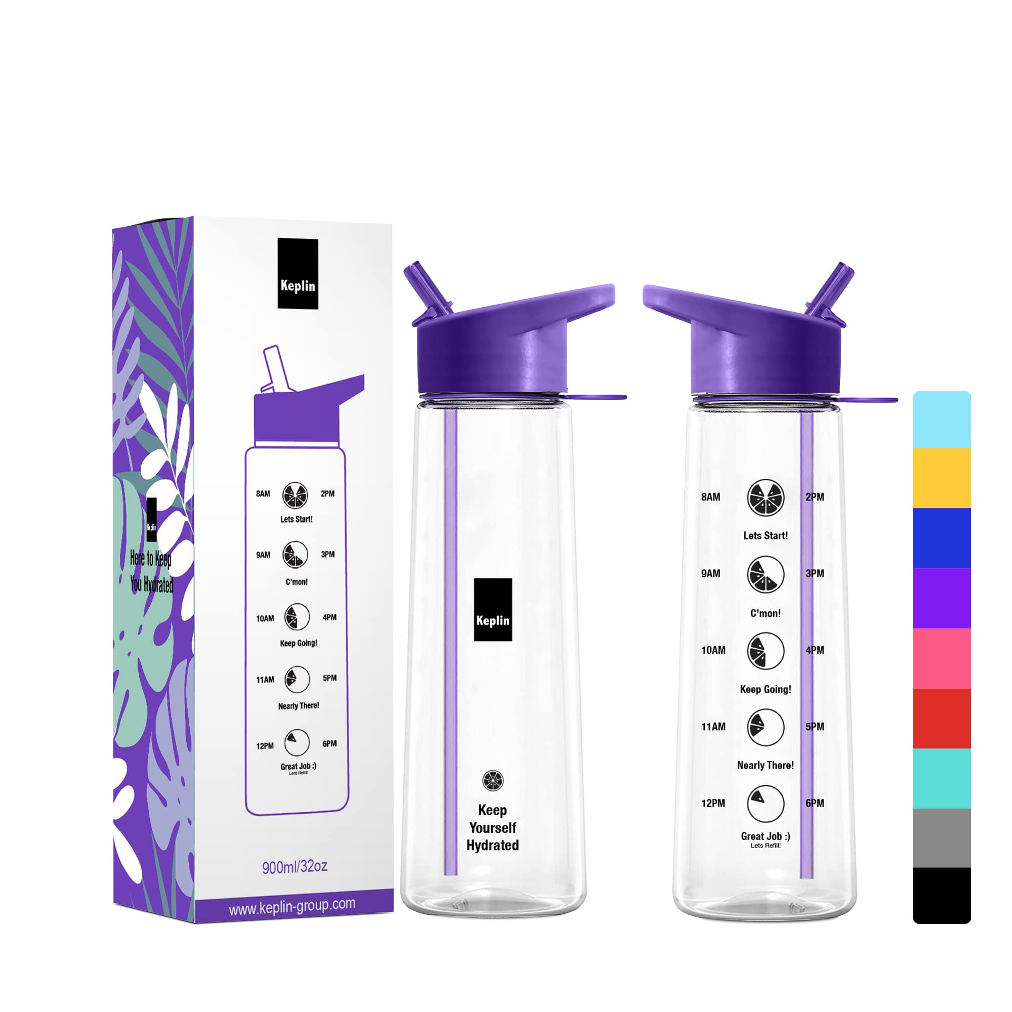 KEPLIN Premium 900ml Water bottle with Straw | BPA-Free, Daily Water Intake Bottle with Time Markings | Motivational, Leakproof Sports Water Bottle, Ideal for Gym, Office, Cycling & Running (Purple)