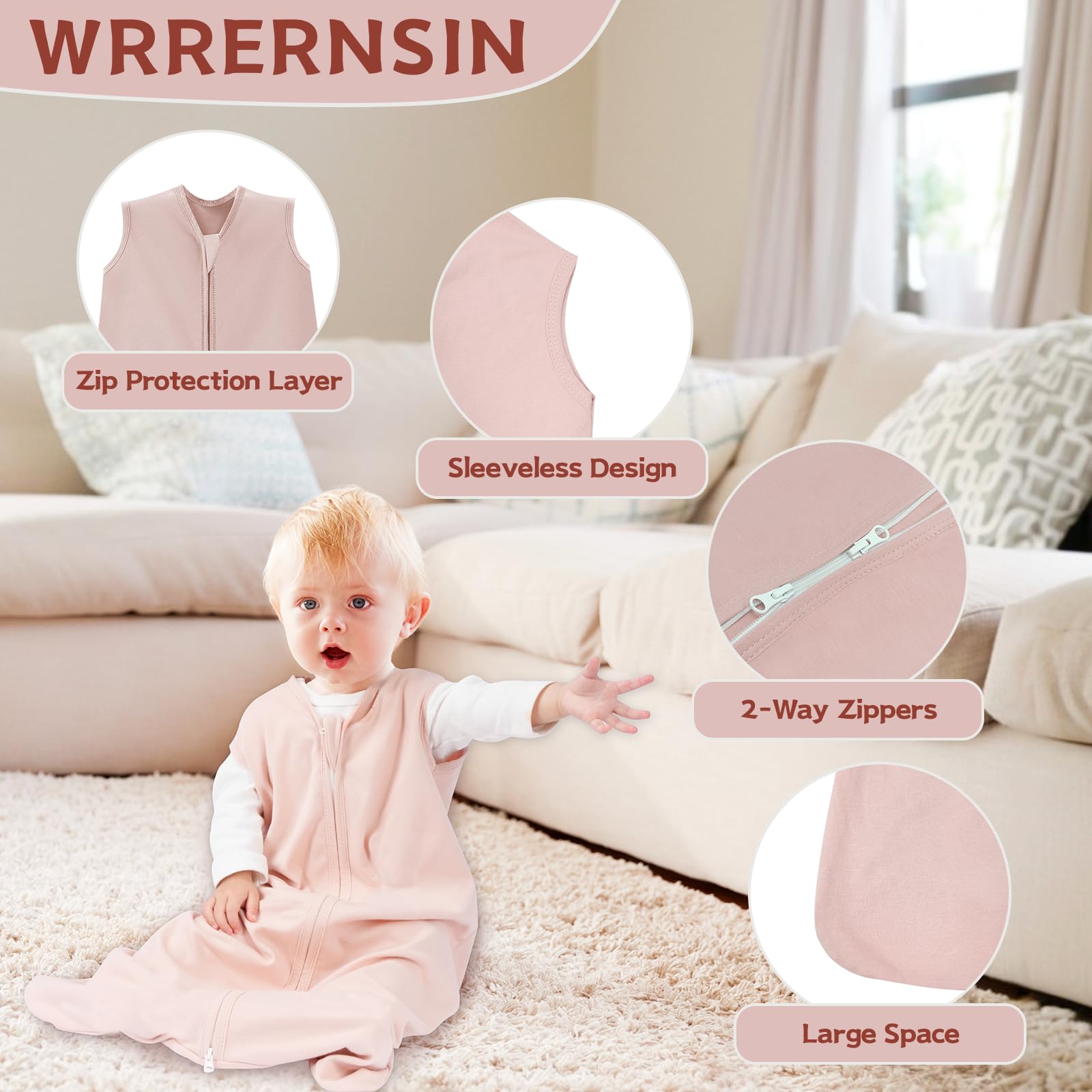 Wrrernsin Baby Sleep Sack 0-6 Months,100% Cotton TOG 0.5 Wearable Blanket for Newborn and Infant, 3 Pack 2-Way Zipper Lightweight Sleeping Bags for Toddler