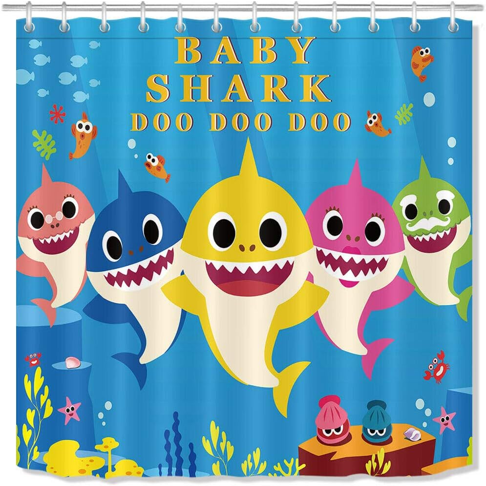 Amazon Com Bdhbhduio Baby Shark Shower Curtain Set Bathroom Mat Blue Seabed Polyester Fabric Hooks Home Kitchen
