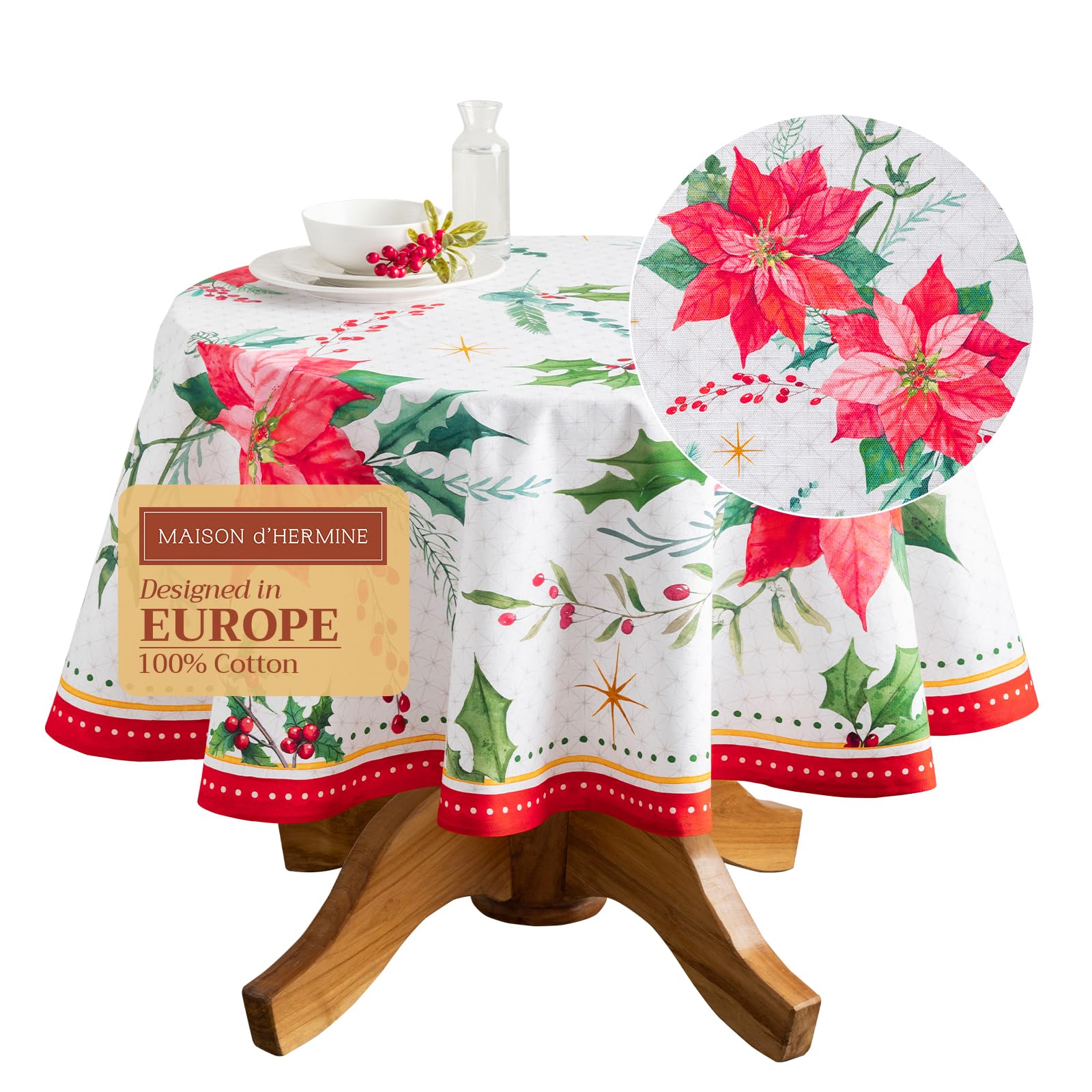 Maison d' Hermine Table Cloth Round Table 100% Cotton 69 Inches Fall Tablecloth Reusable Everyday Use for Thanksgiving Christmas Decorations Dining Farmhouse Party (Poinsettia Christmas) Image